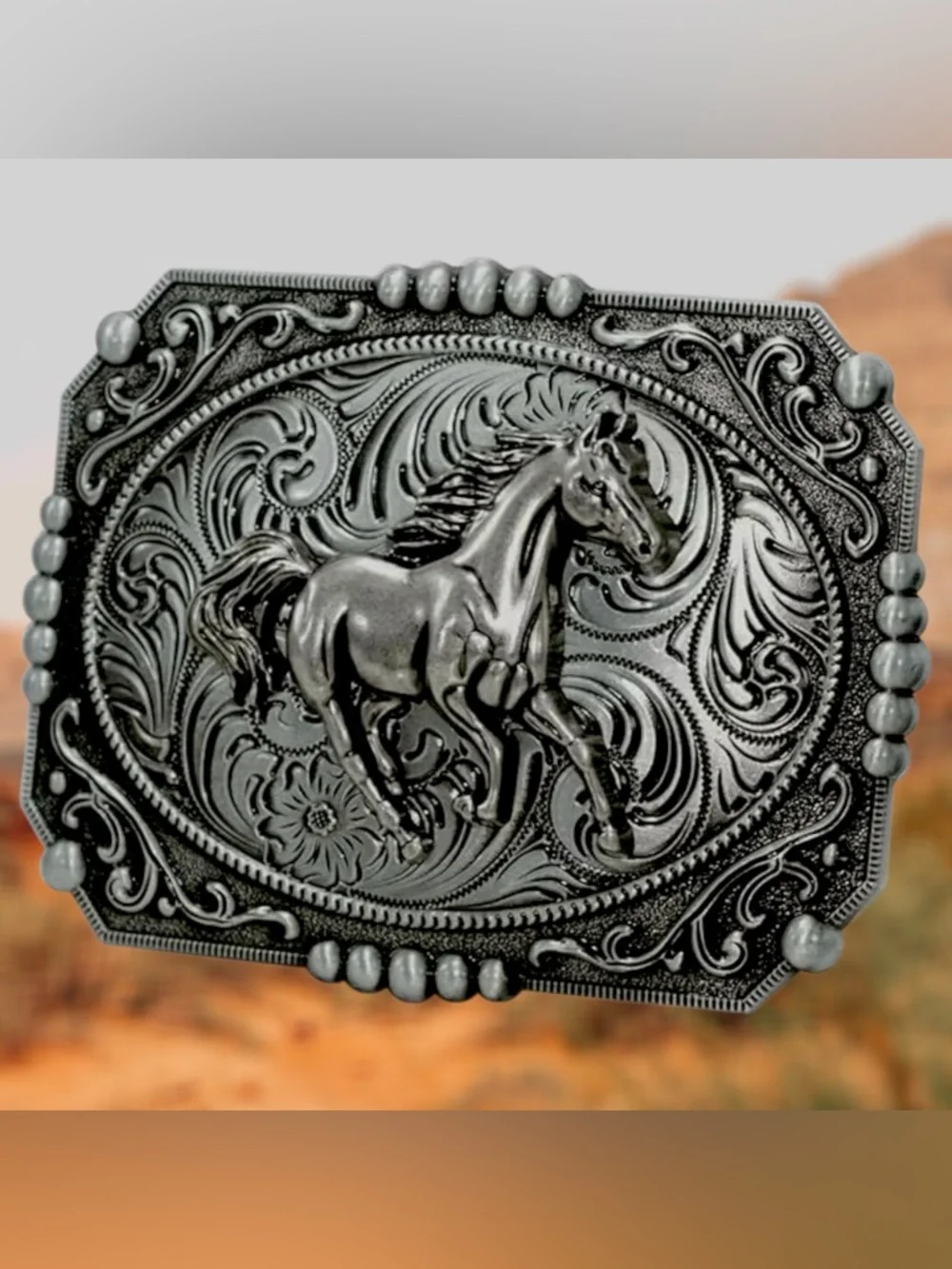 Detailed Silver Engraved Horse/Western Unisex Clip-On Belt Buckle